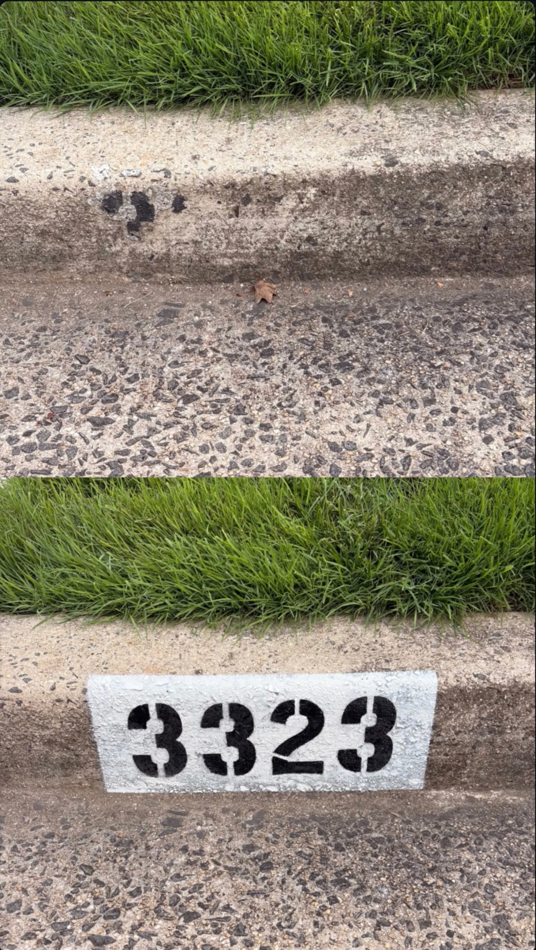 Curb number 3323 shown blank above and freshly stenciled below