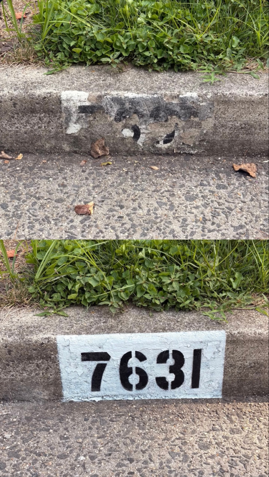 Curb number 7631 shown faded above and freshly stenciled below
